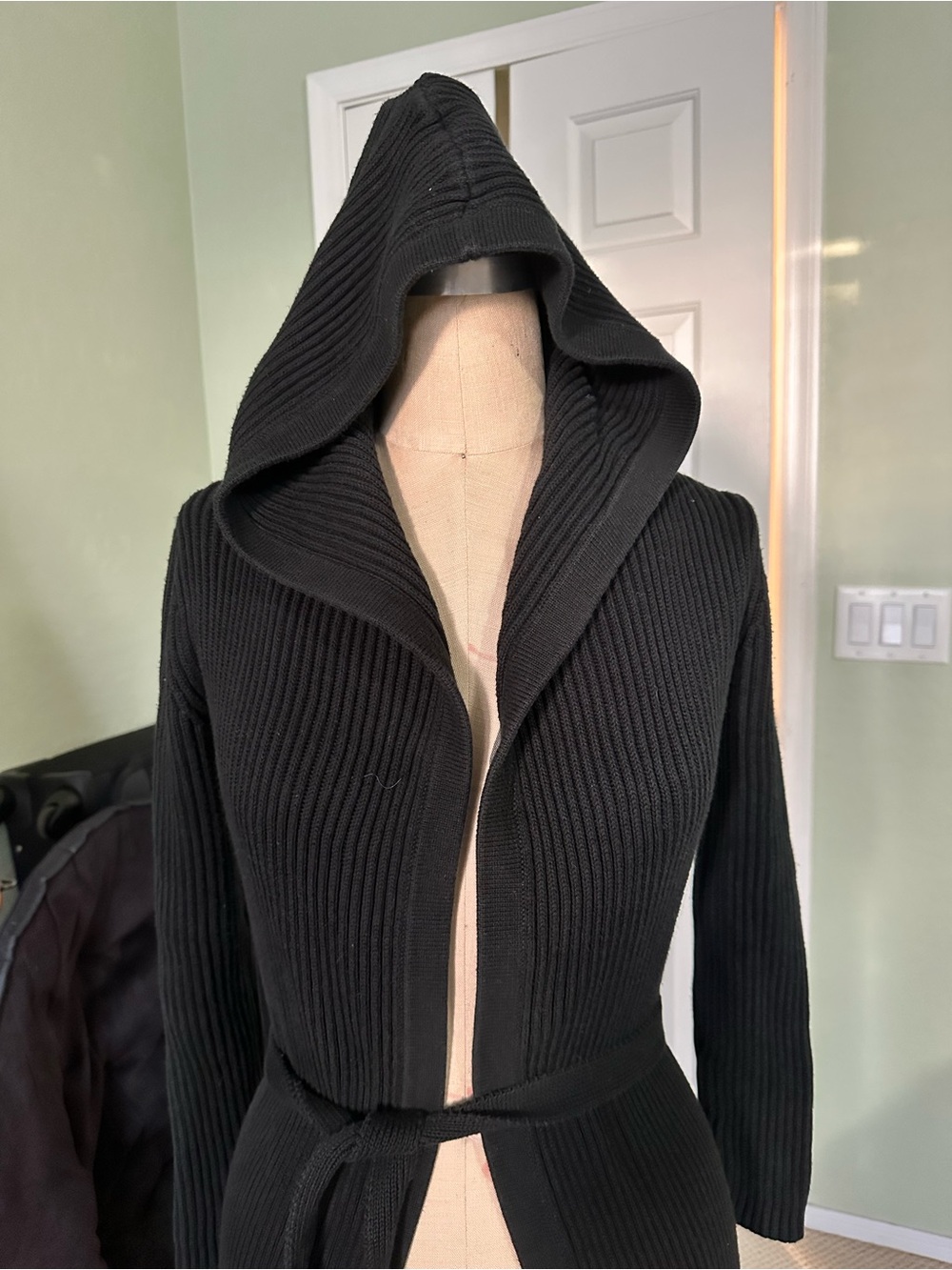 90’s JCrew Black Ribbed Hooded Wrap Cardigan Duster